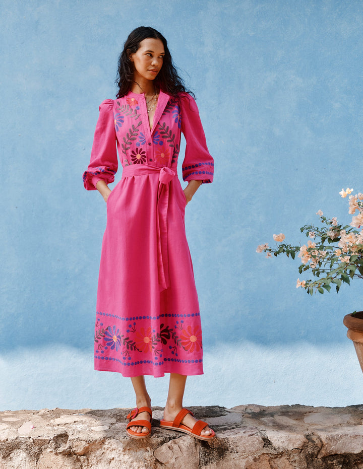 Ava Linen Blend Midi Dress-Multi Embroidery