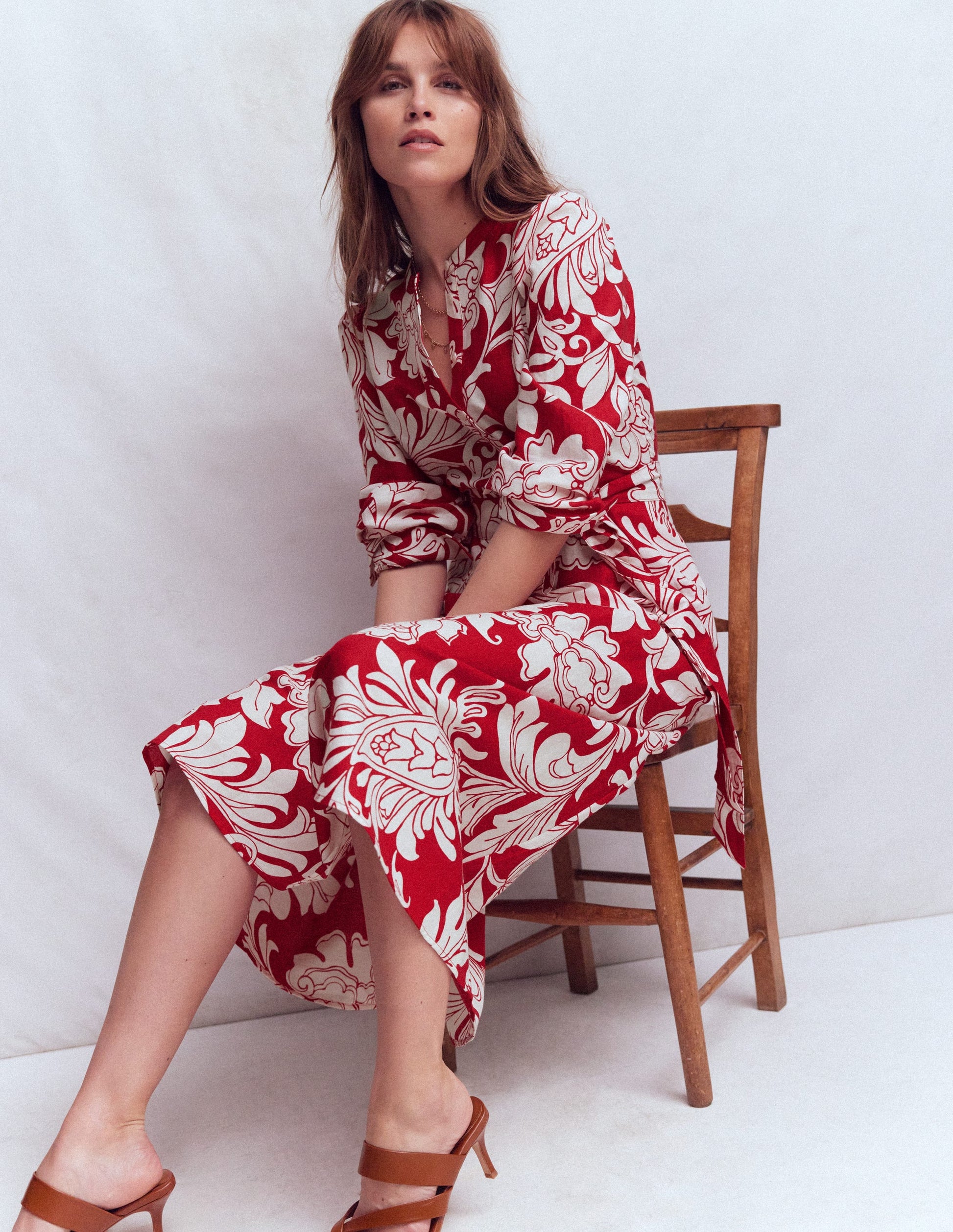 Ava Midikleid aus Leinenmischgewebe-Salsa-Rot, Botanisches Muster-1