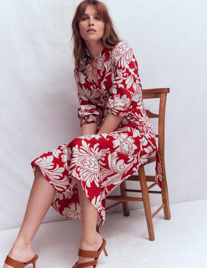 Ava Midikleid aus Leinenmischgewebe-Salsa-Rot, Botanisches Muster-1