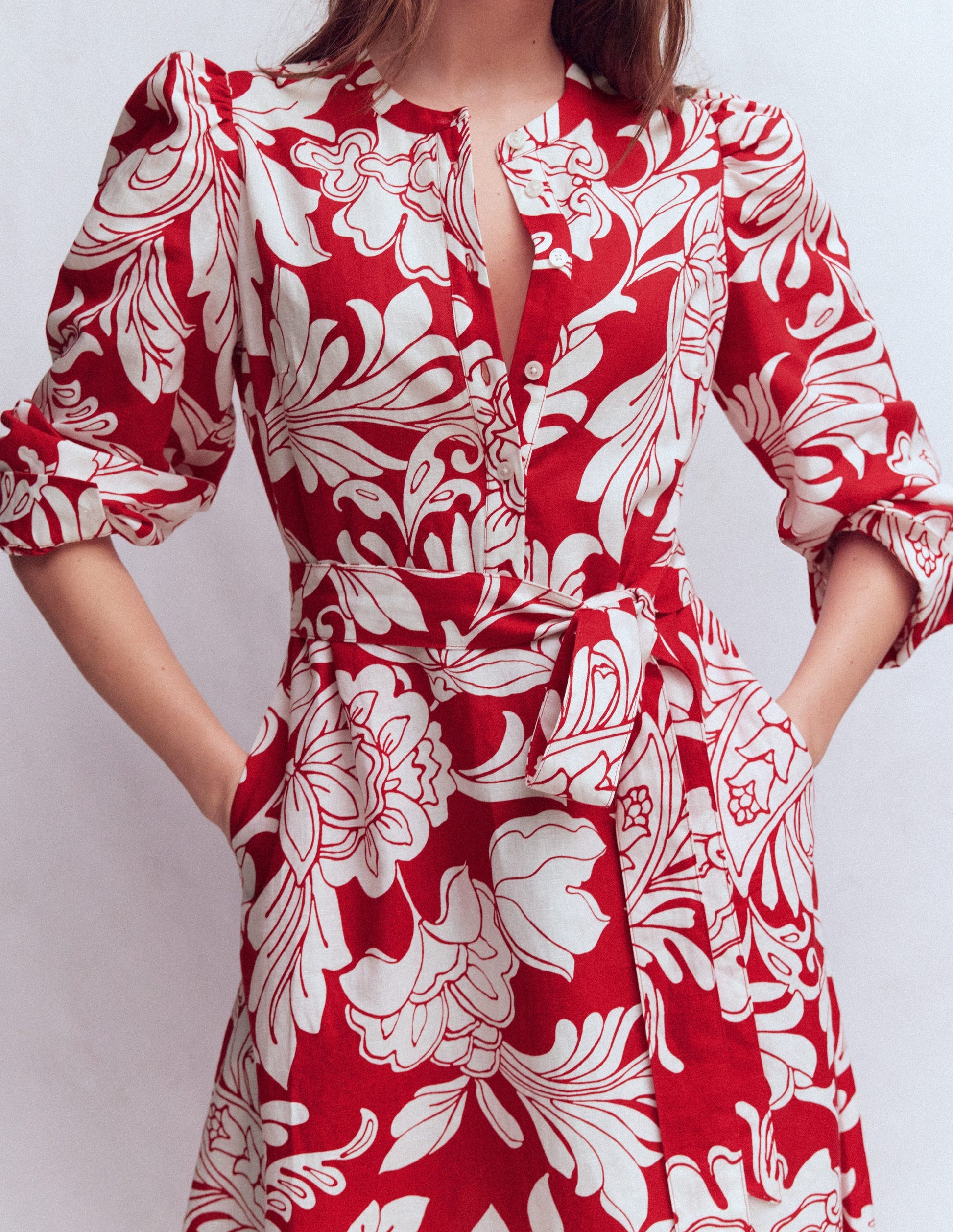 Ava Midikleid aus Leinenmischgewebe-Salsa-Rot, Botanisches Muster-2