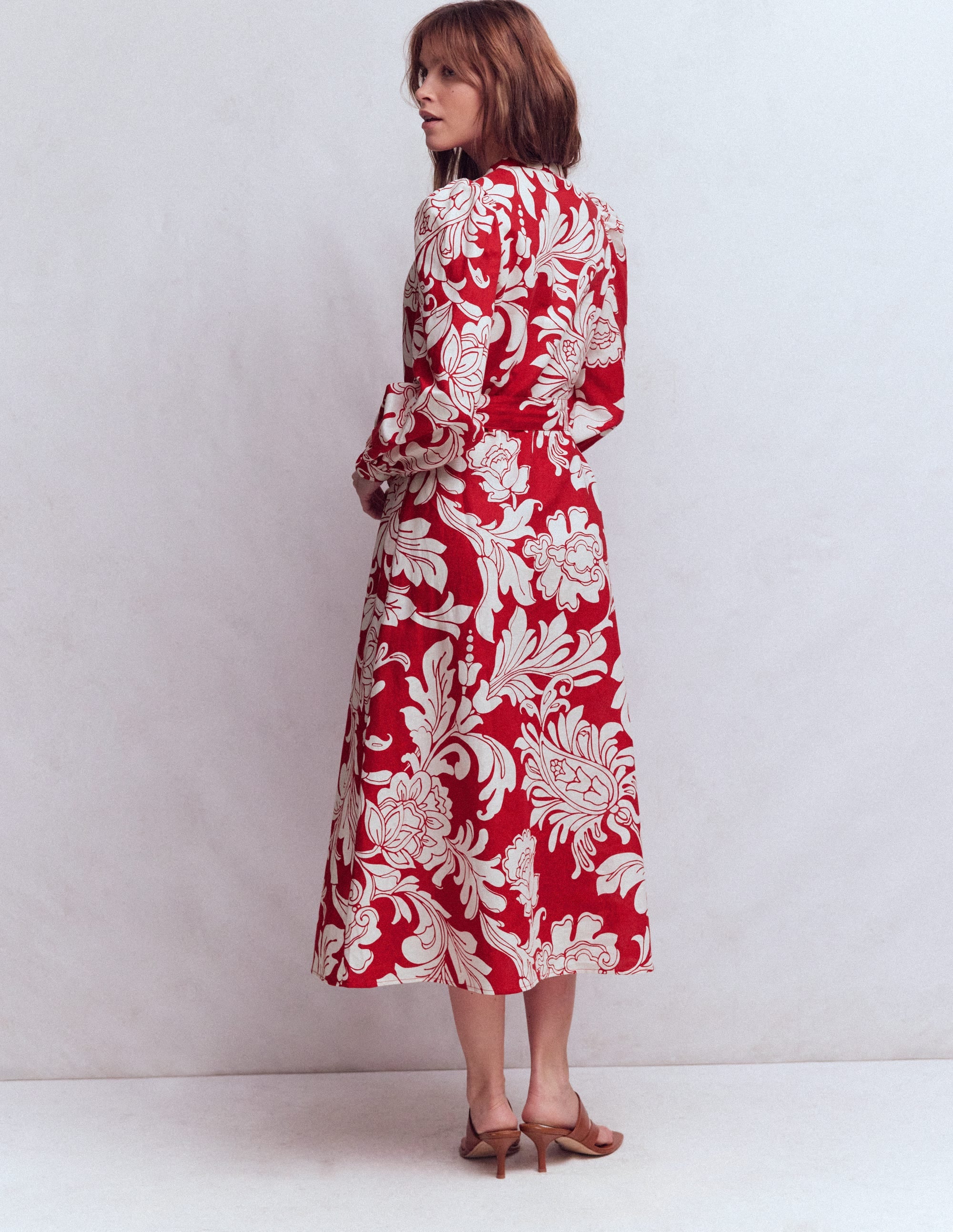 Ava Midikleid aus Leinenmischgewebe-Salsa-Rot, Botanisches Muster - Image 4