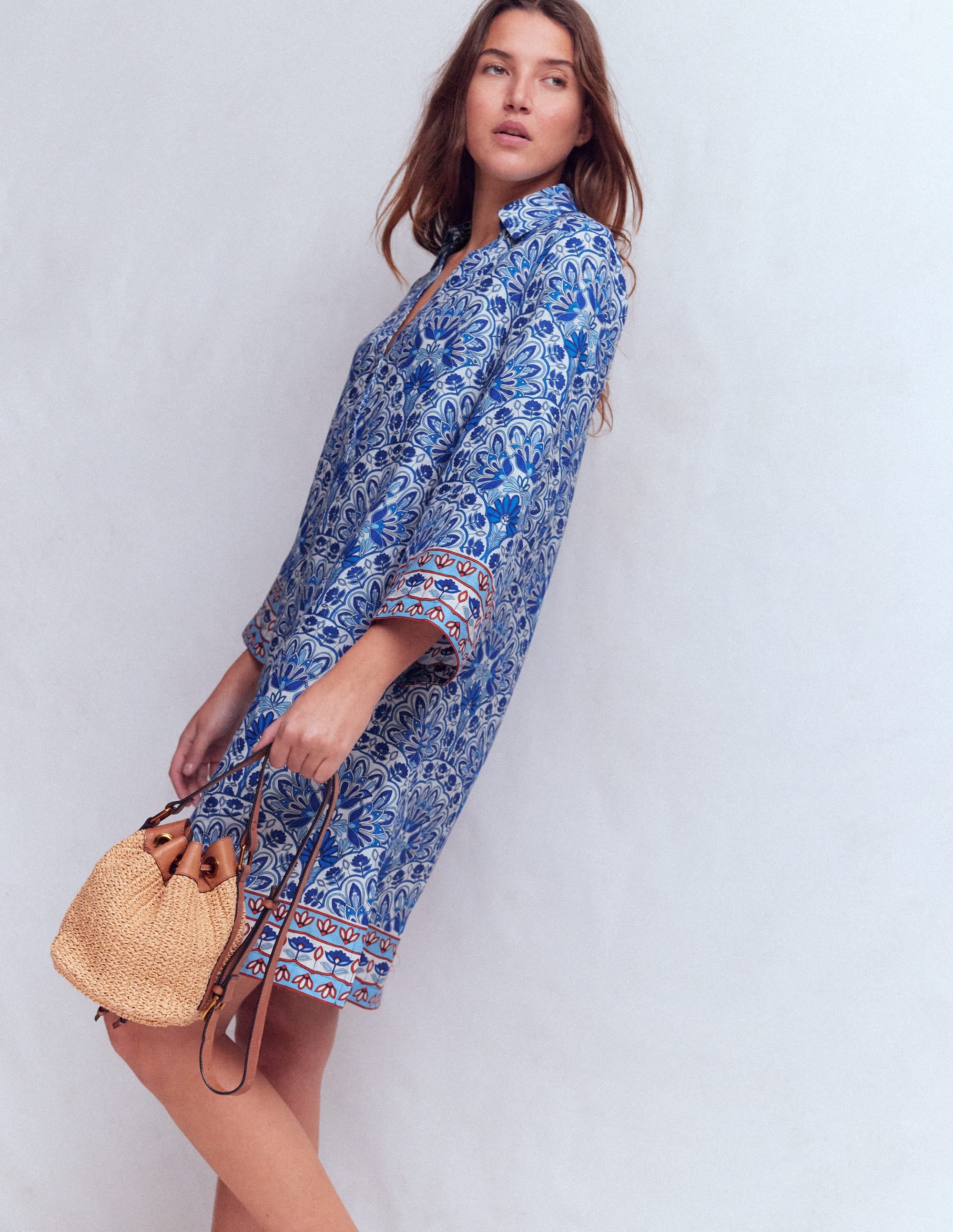 Carmen Linen Short Dress-Bright Blue, Elaborate Terrace - Image 1