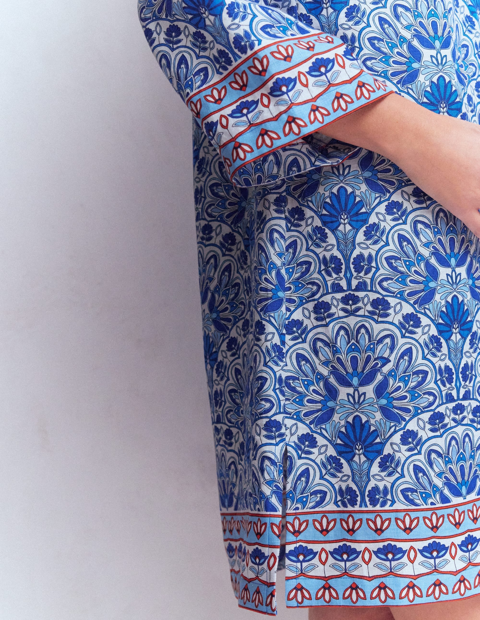 Carmen Linen Short Dress-Bright Blue, Elaborate Terrace - Image 2