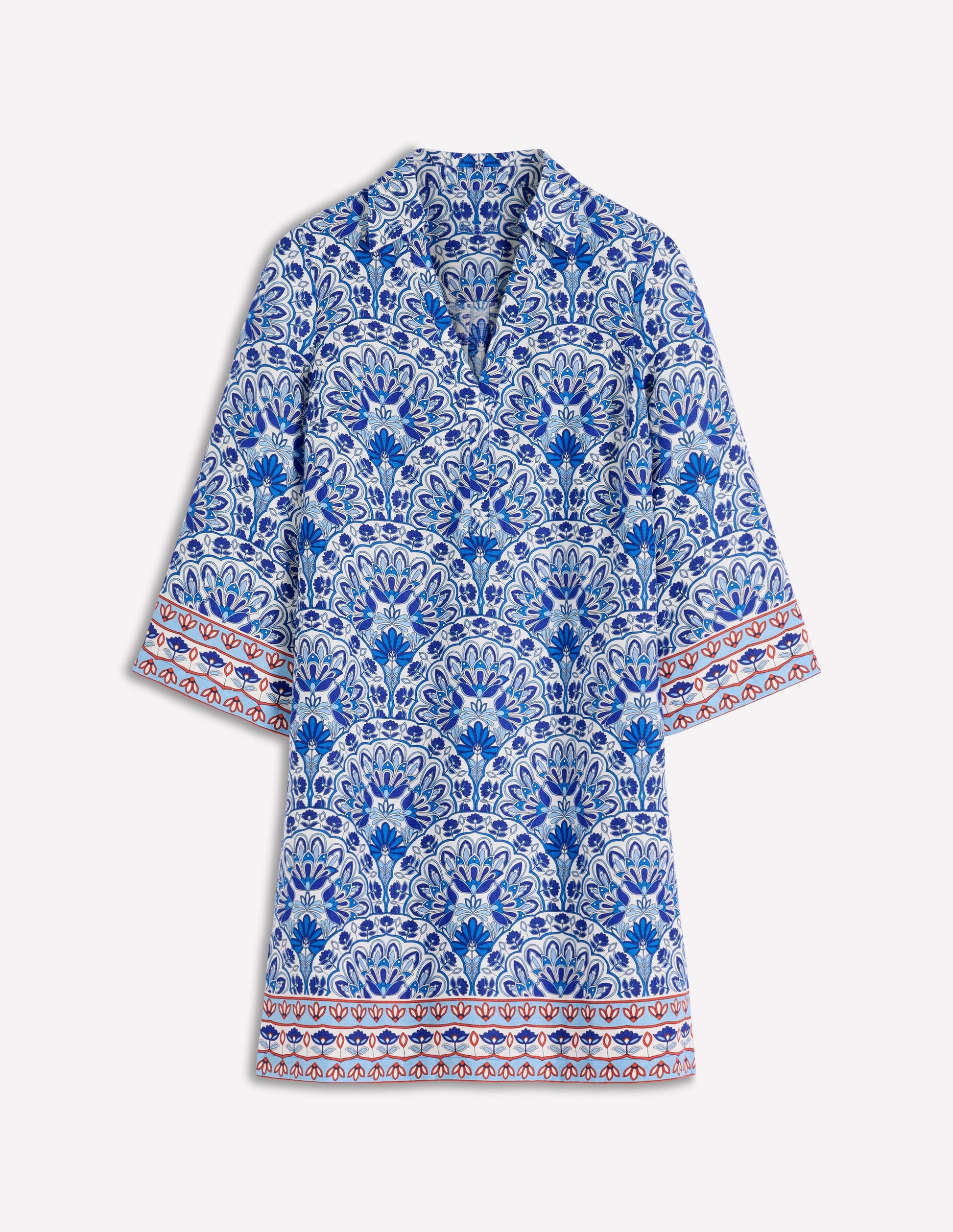 Robe courte Carmen en lin-Bleu vif, motif Elaborate Terrace-7