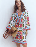 Robe courte Carmen en lin-Multi, motif Ornamental Treillis