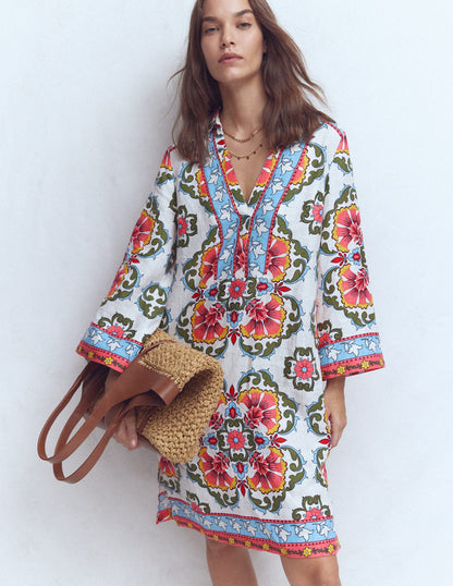 Carmen Kurzes Leinenkleid-Bunt, Zierspalier-2