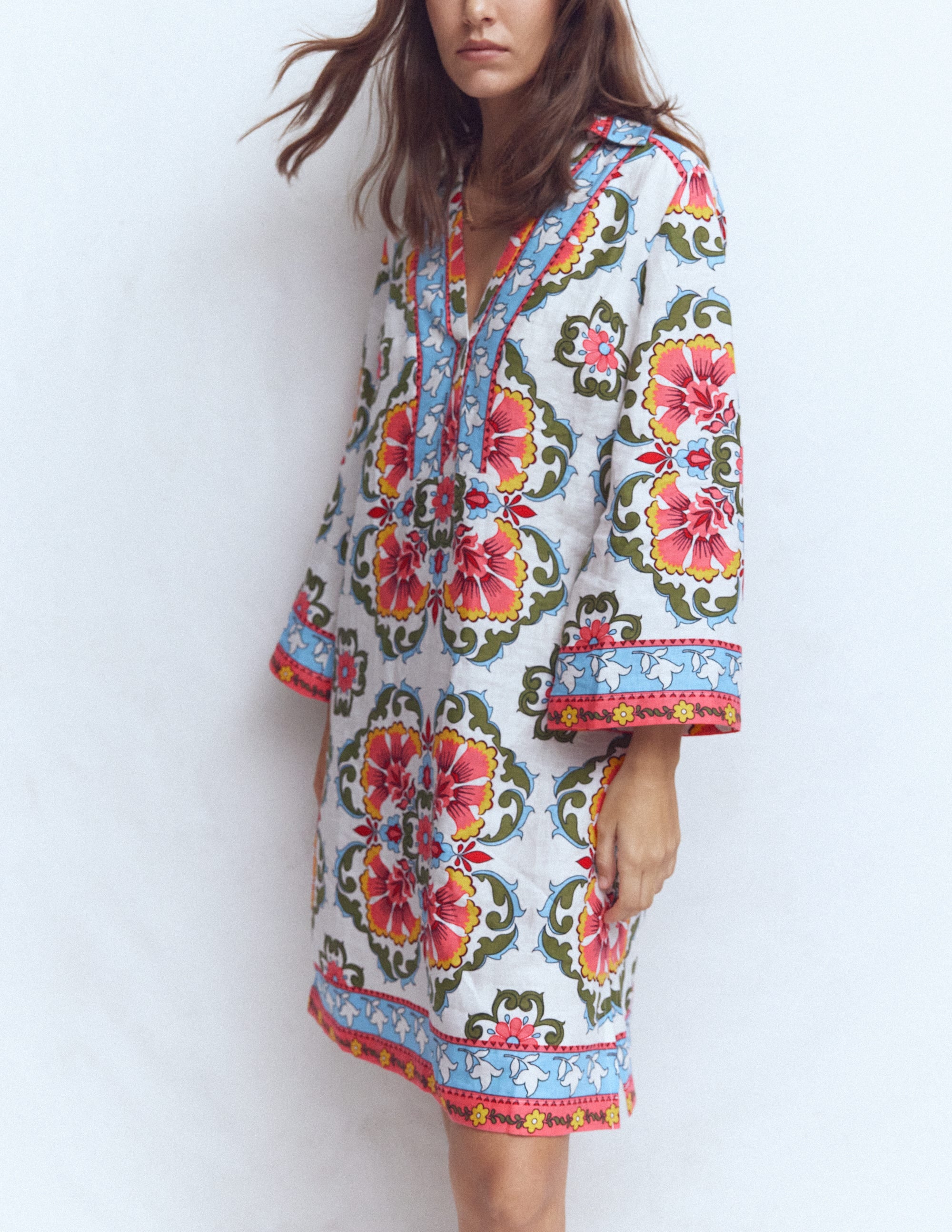 Carmen Linen Short Dress-Multi, Ornamental Trellis - Image 4