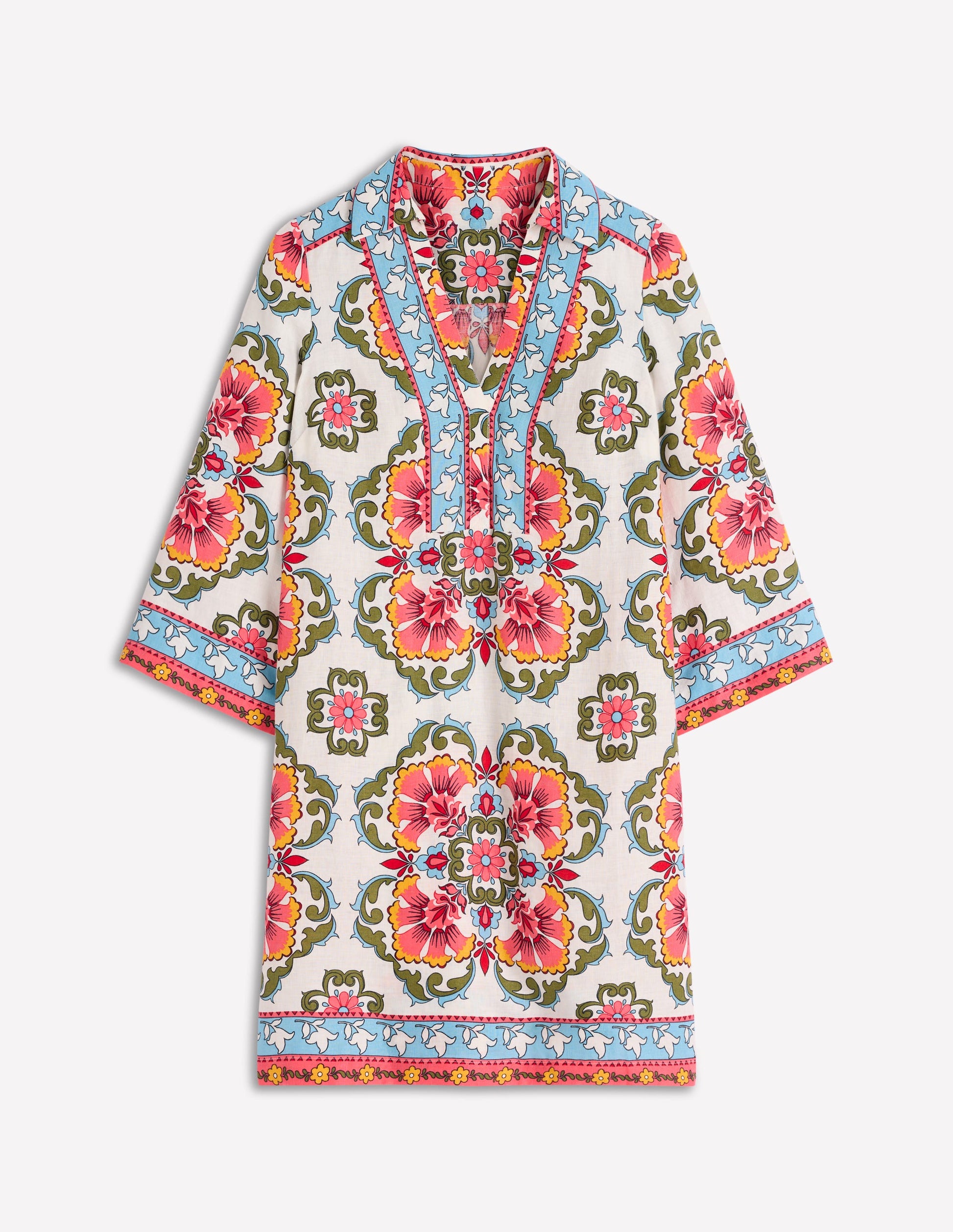 Robe courte Carmen en lin-Multi, motif Ornamental Treillis-6