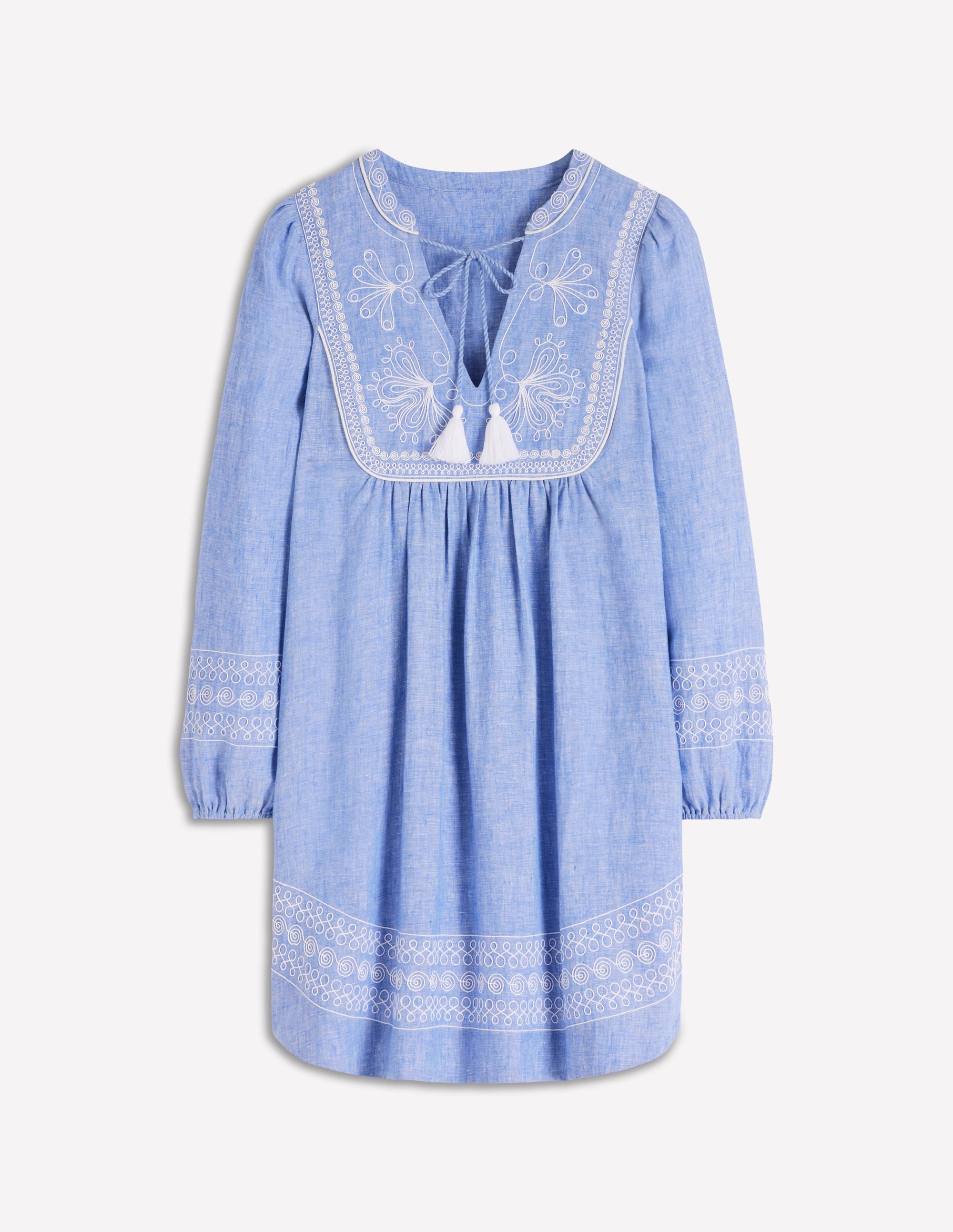 Pia Leinenkleid mit Passe und Quasten-Faux-Uni, Stickerei - Image 7