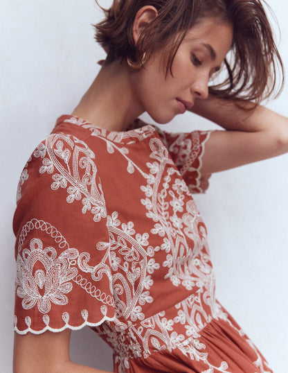 Ivy Baumwoll-Midikleid-Rostrot Stickerei-3