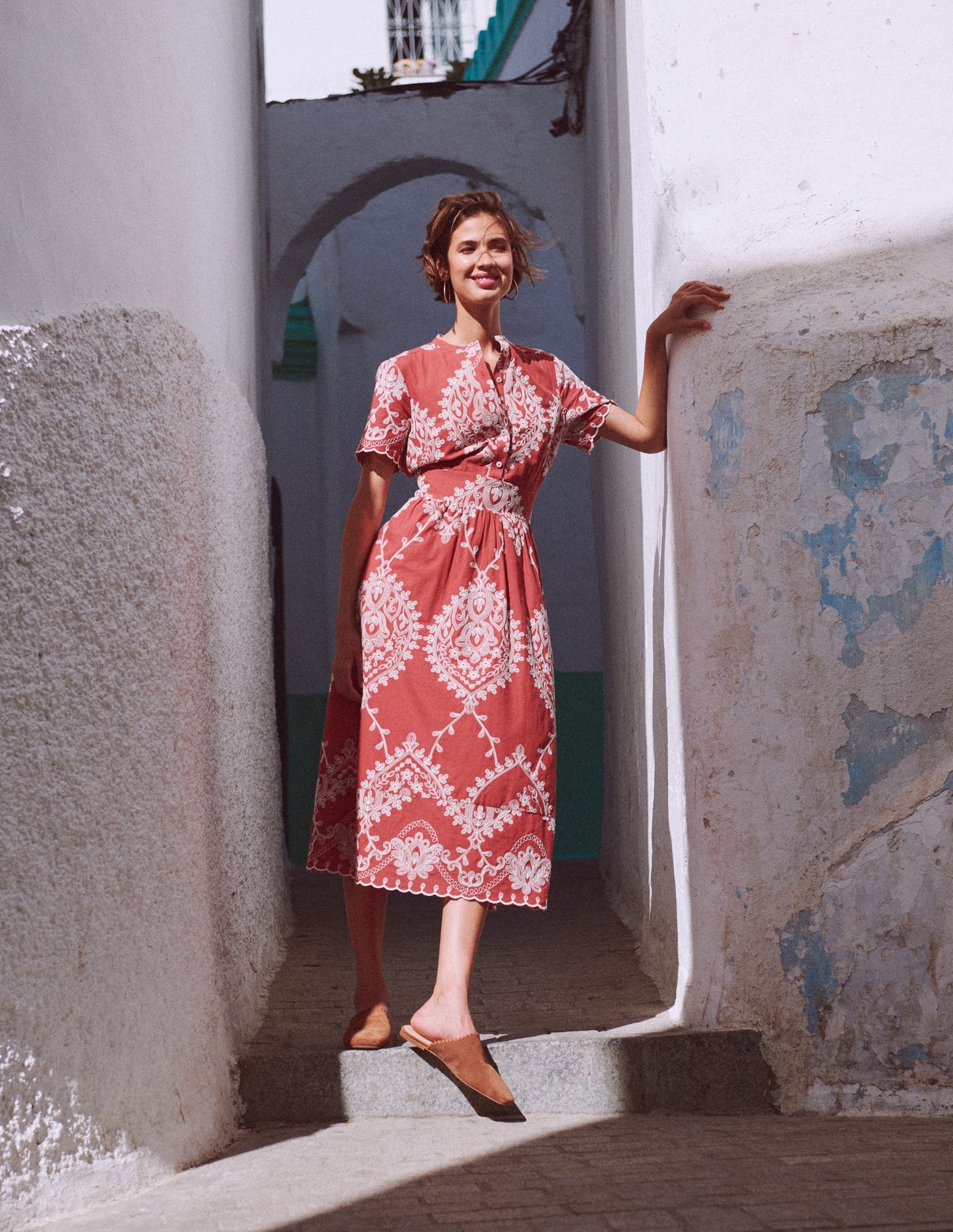 Ivy Baumwoll-Midikleid-Rostrot Stickerei