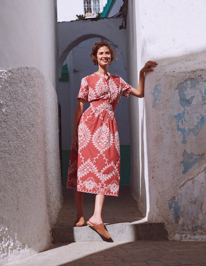 Ivy Baumwoll-Midikleid-Rostrot Stickerei-1