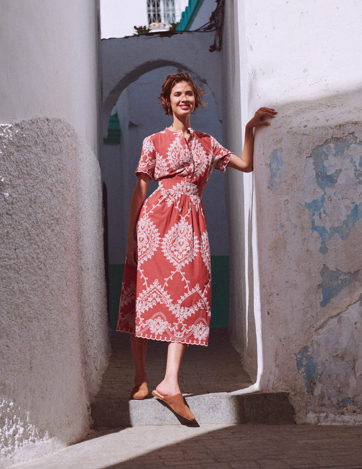 Ivy Baumwoll-Midikleid-Rostrot Stickerei