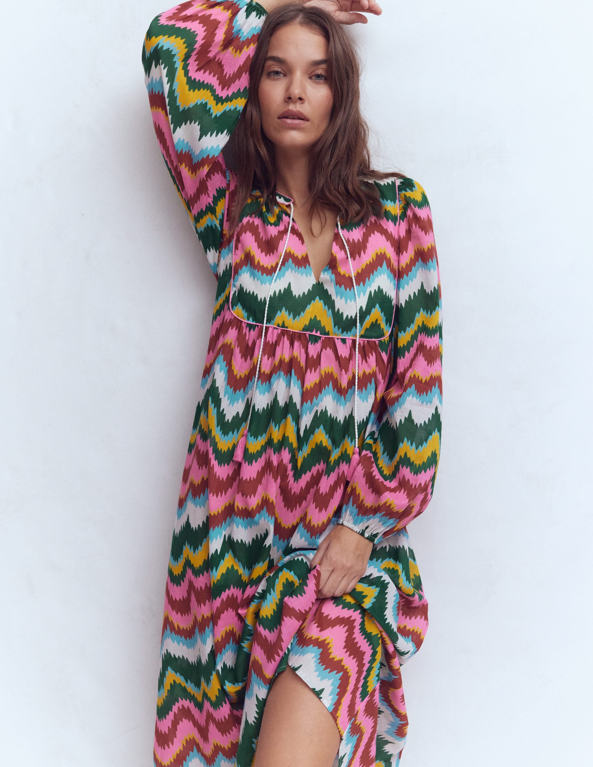 Boho-Kaftan mit Bindeband am Ausschnitt-Bunt, Zickzack-Welle - Image 5