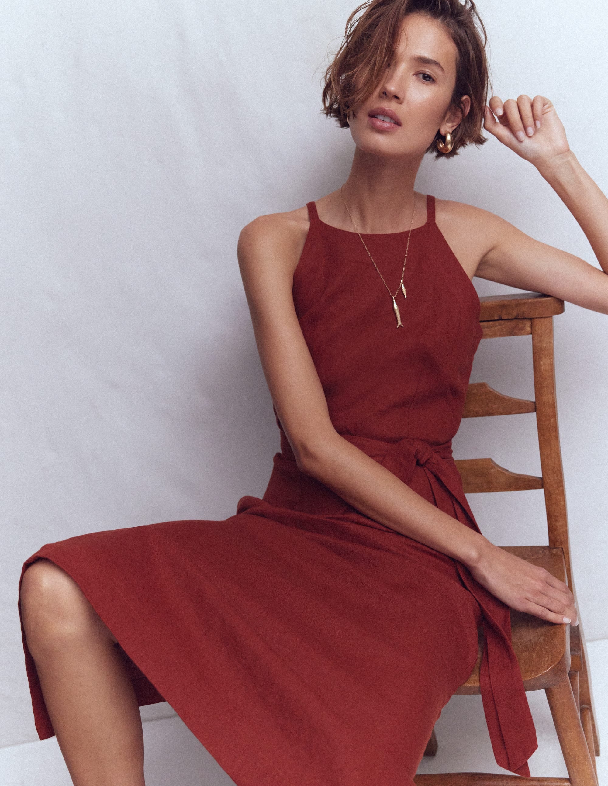 Robe midi à encolure américaine Rosa en lin-Orange brûlé - Image 1