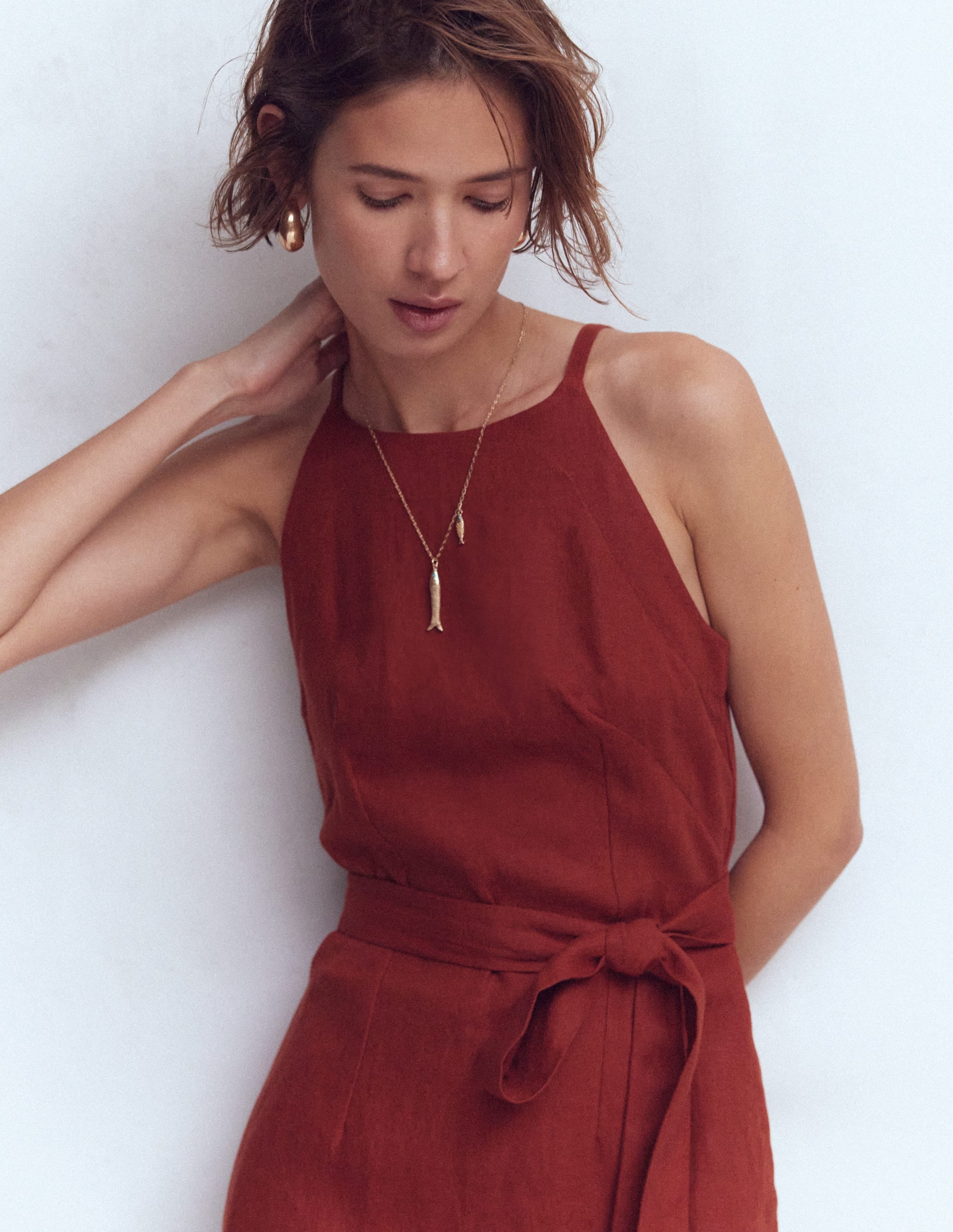 Robe midi à encolure américaine Rosa en lin-Orange brûlé - Image 2