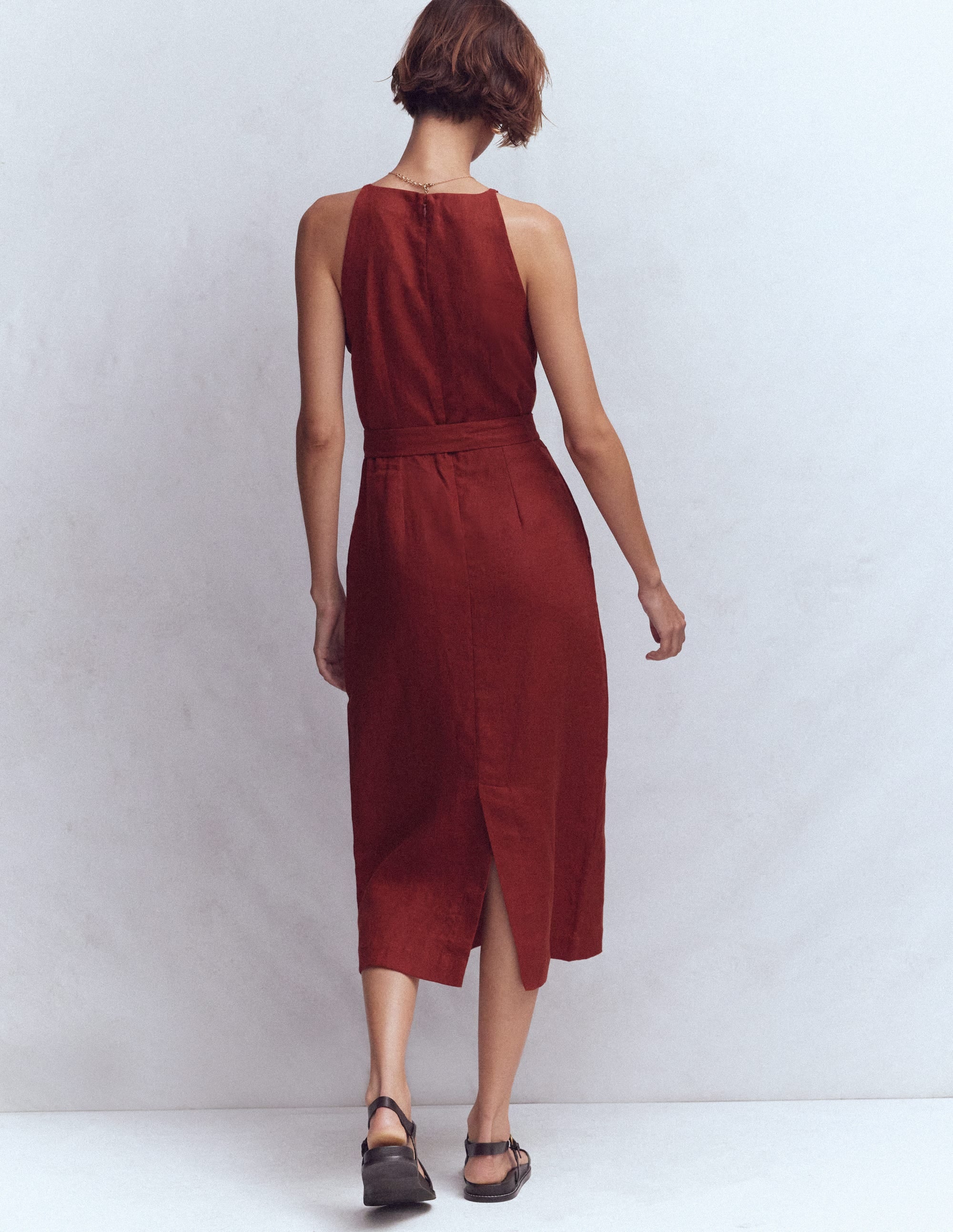 Robe midi à encolure américaine Rosa en lin-Orange brûlé - Image 3