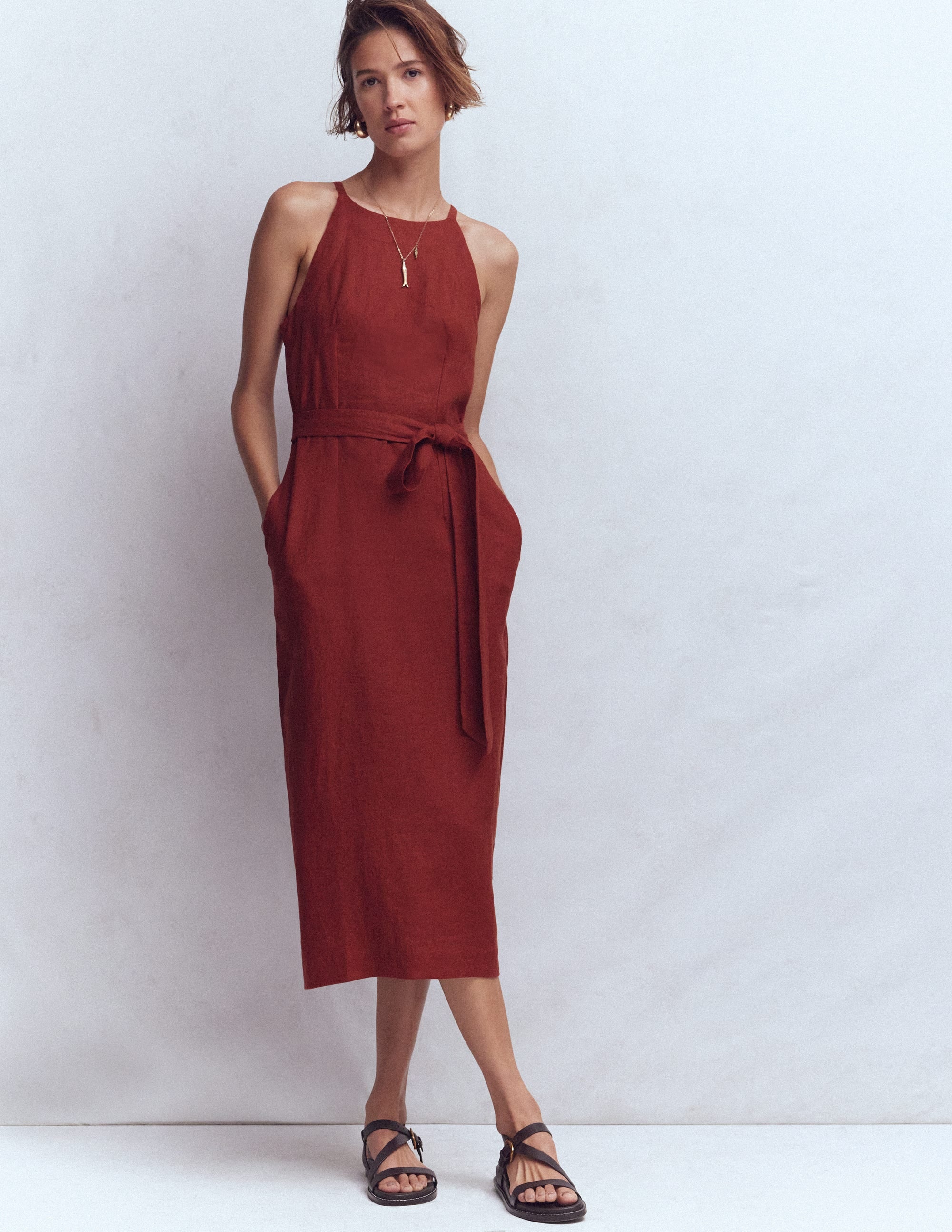 Robe midi à encolure américaine Rosa en lin-Orange brûlé - Image 4