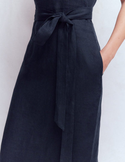 Rosa Neckholder-Midikleid aus Leinen-Marineblau-2