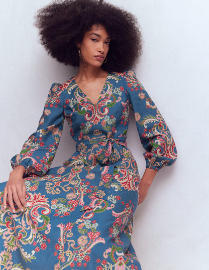 Florence Kleid aus Leinenmischgewebe-Blau, Bezaubernder Blumenstrauß-1