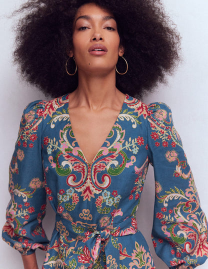 Florence Kleid aus Leinenmischgewebe-Blau, Bezaubernder Blumenstrauß-5