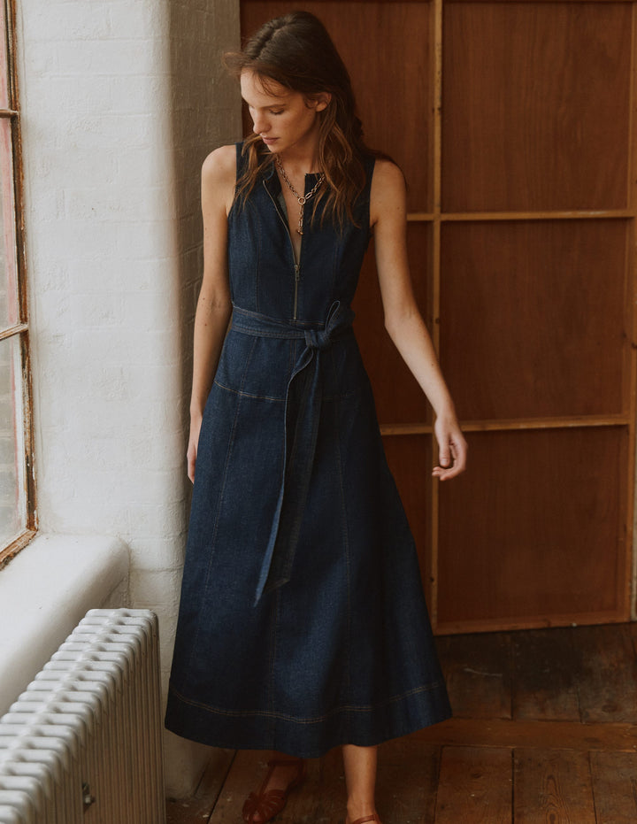 Sleeveless Zip Denim Dress-Indigo Wash