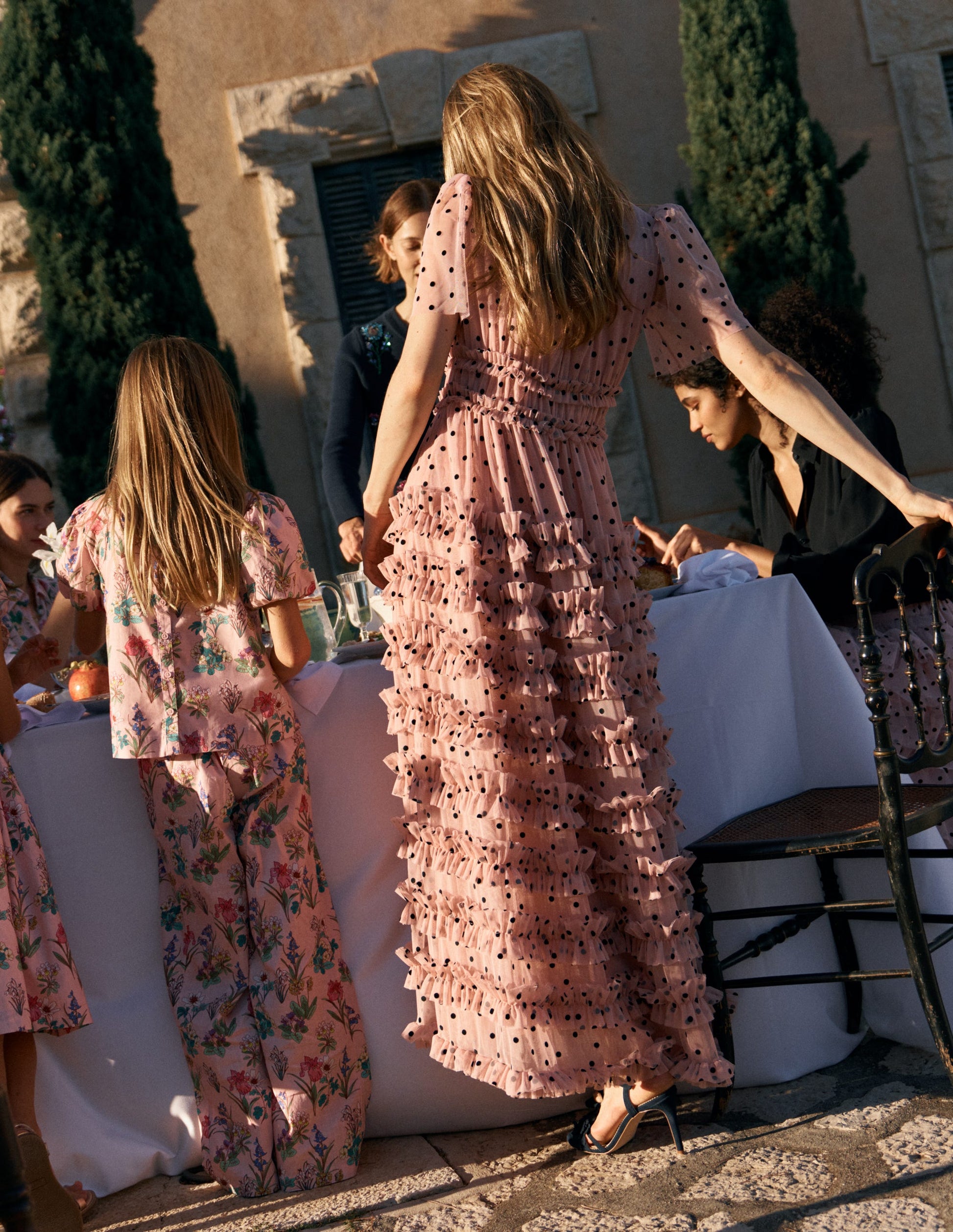 V-neck Ruffle Tulle Dress-Ivory Black Spot-2