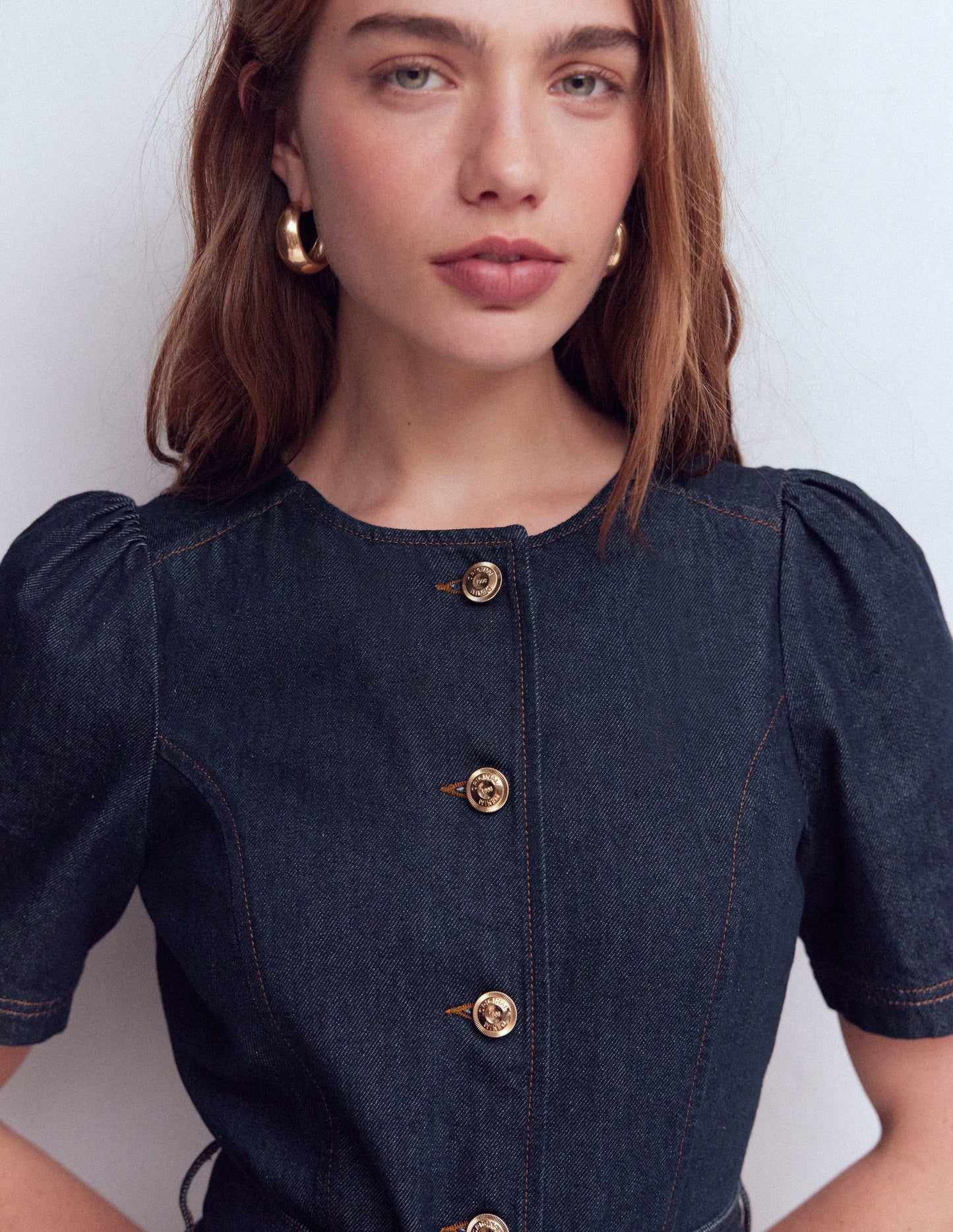 Button Detail Denim Dress-Indigo