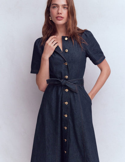 Button Detail Denim Dress-Indigo-4