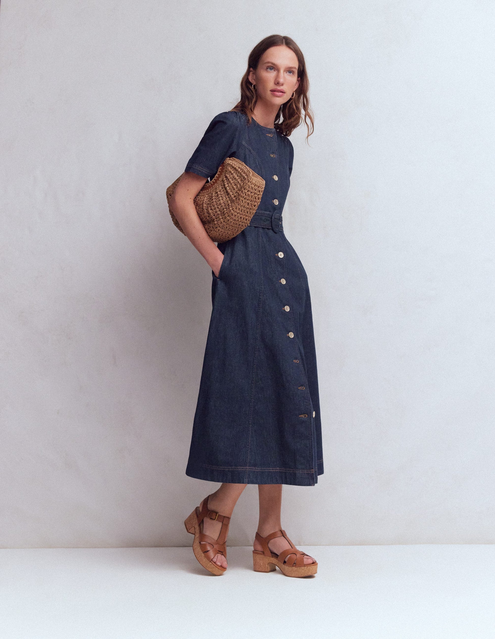 Denim-Kleid mit Knopfdetail-Indigo Gewaschen-4