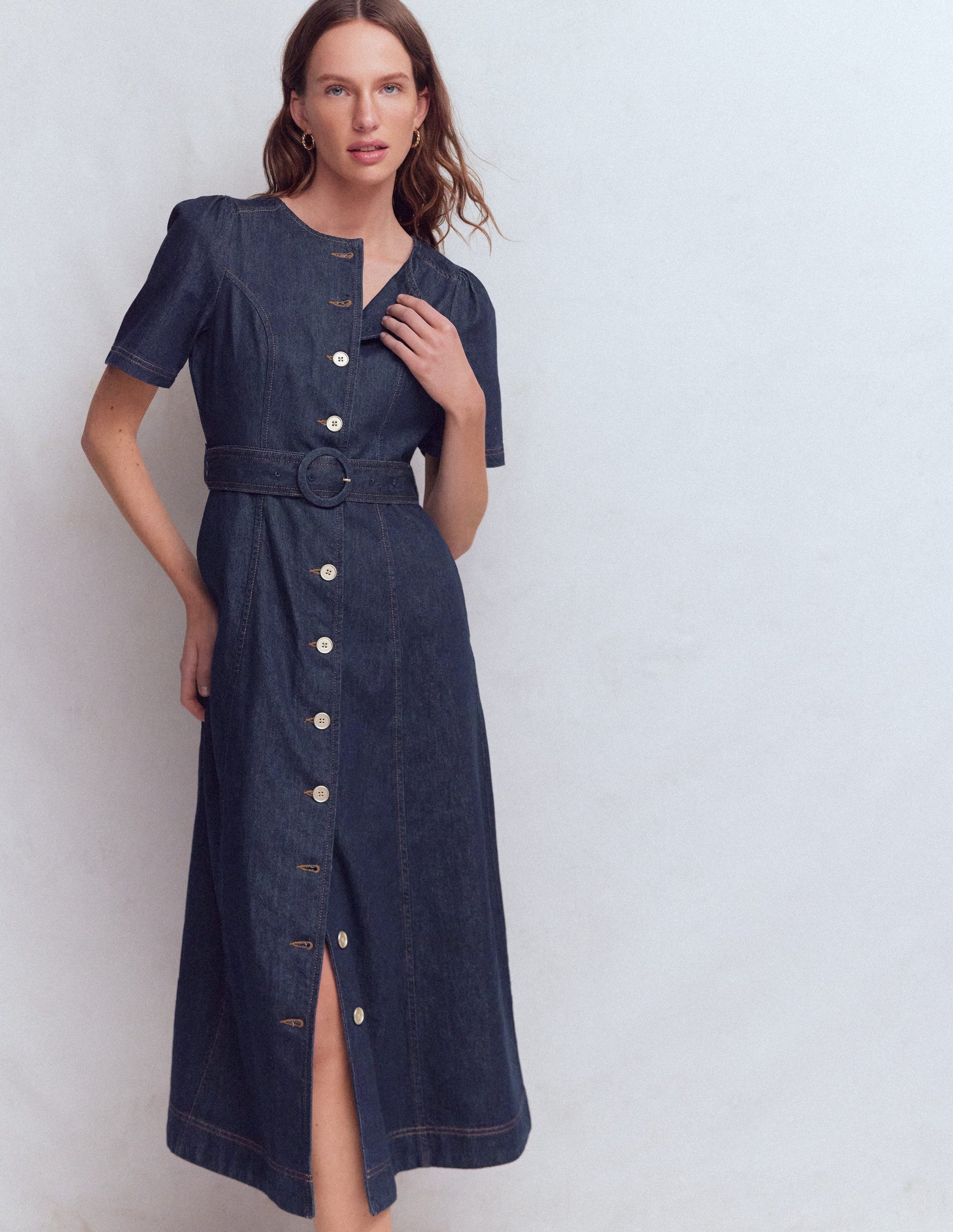 Denim-Kleid mit Knopfdetail-Indigo Gewaschen-5
