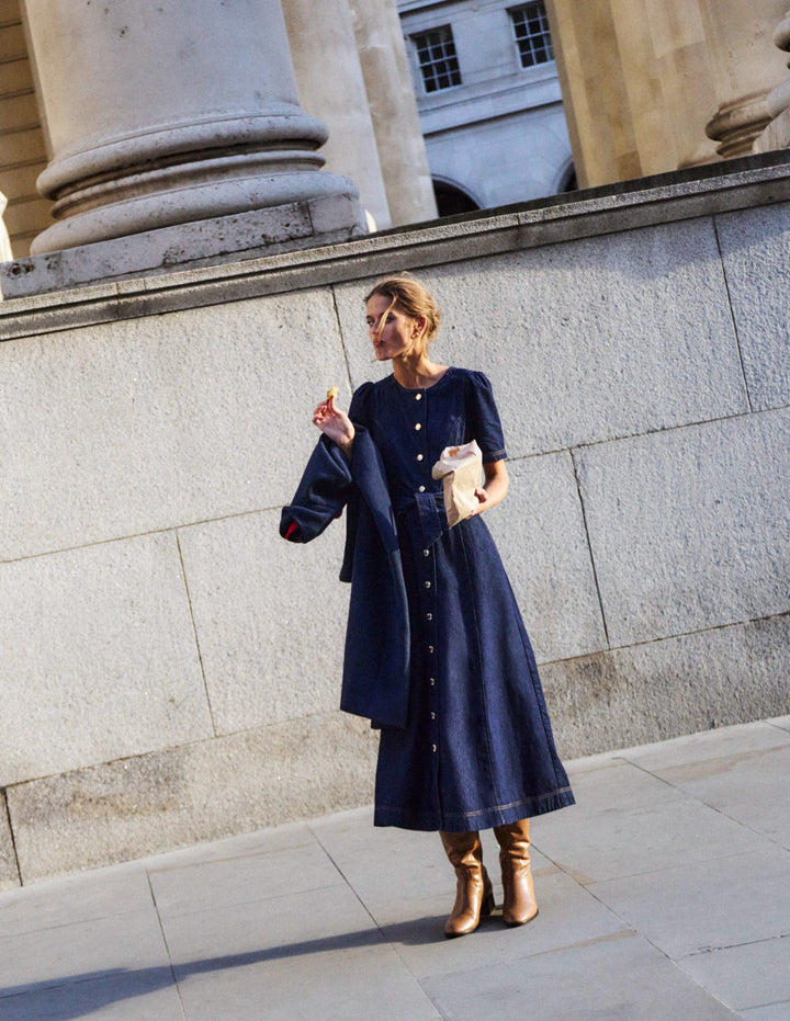 Button Detail Denim Dress-Indigo