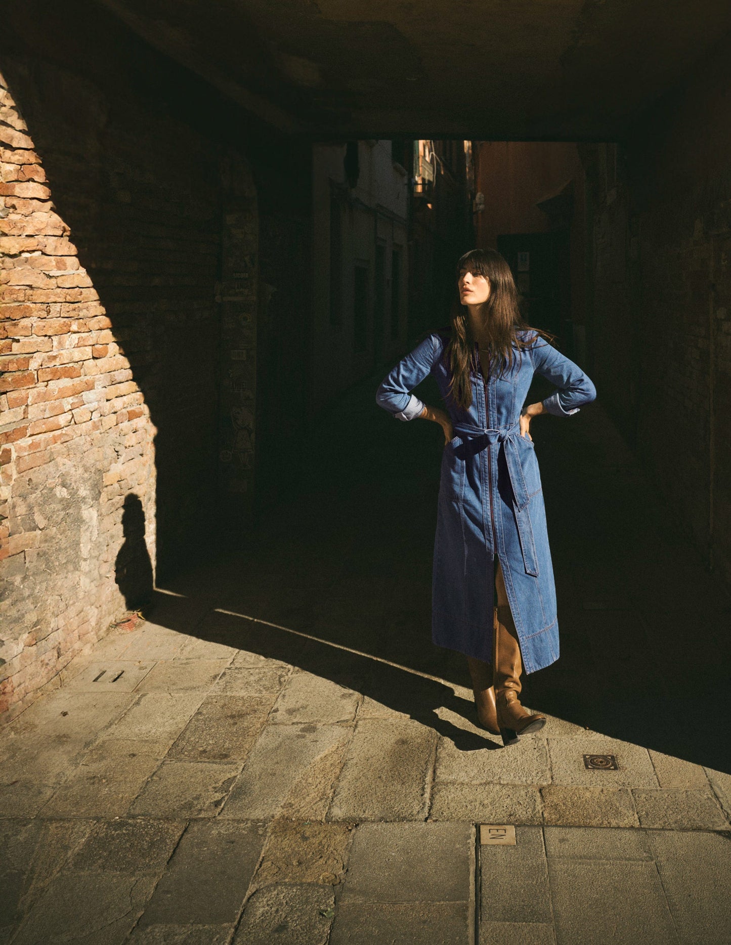 Zip Denim Straight Dress-Mid Vintage Denim