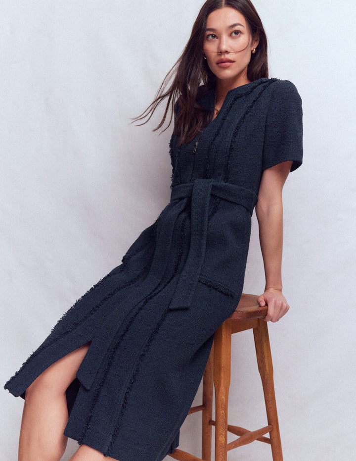 Robe de bureau texturée à fermeture zippée-Bleu marine