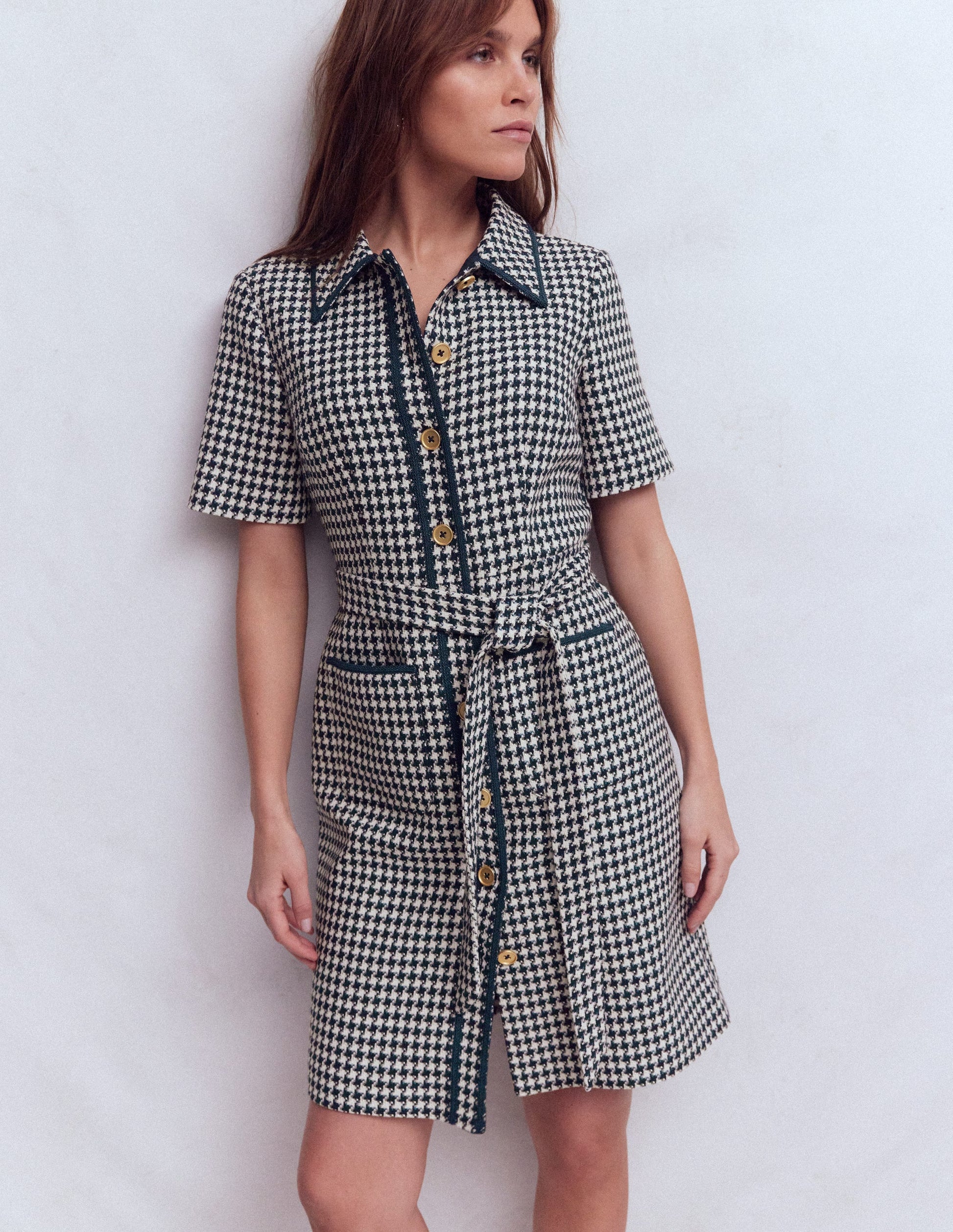 Loren Trim Short Dress-Navy Dogtooth-1