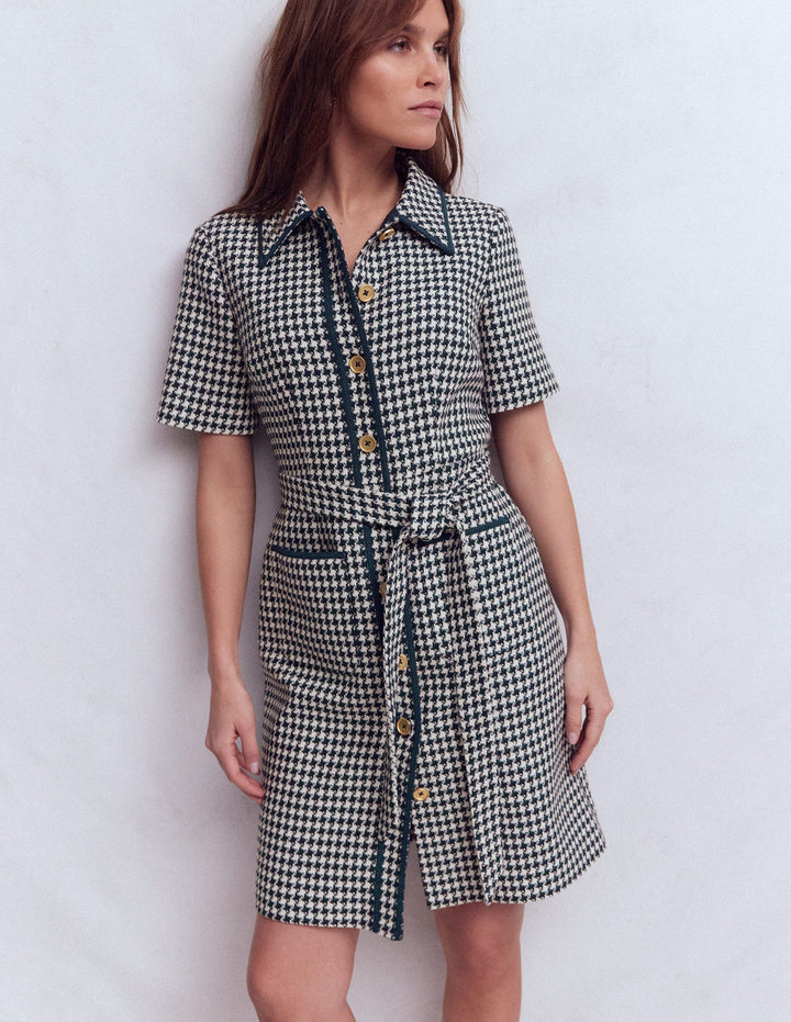 Loren Kurzes Kleid mit Besatz-Marineblau Hahnentrittmuster