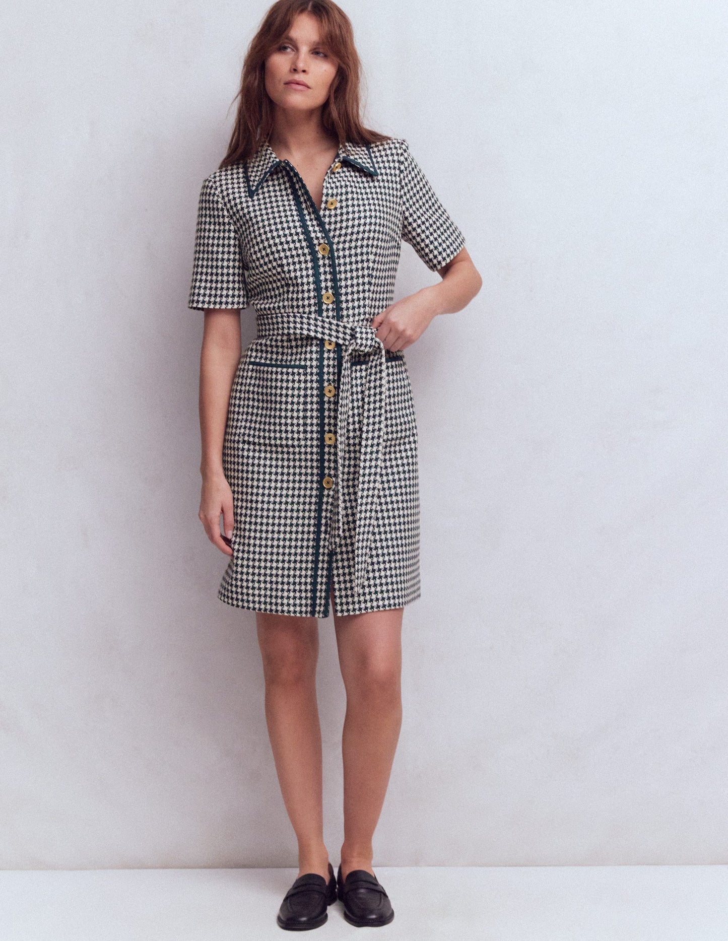 Loren Trim Short Dress-Navy Dogtooth