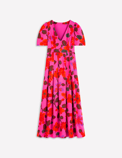 Seidenkleid mit Faltendetail und V-Ausschnitt-Pink Geblümt-6