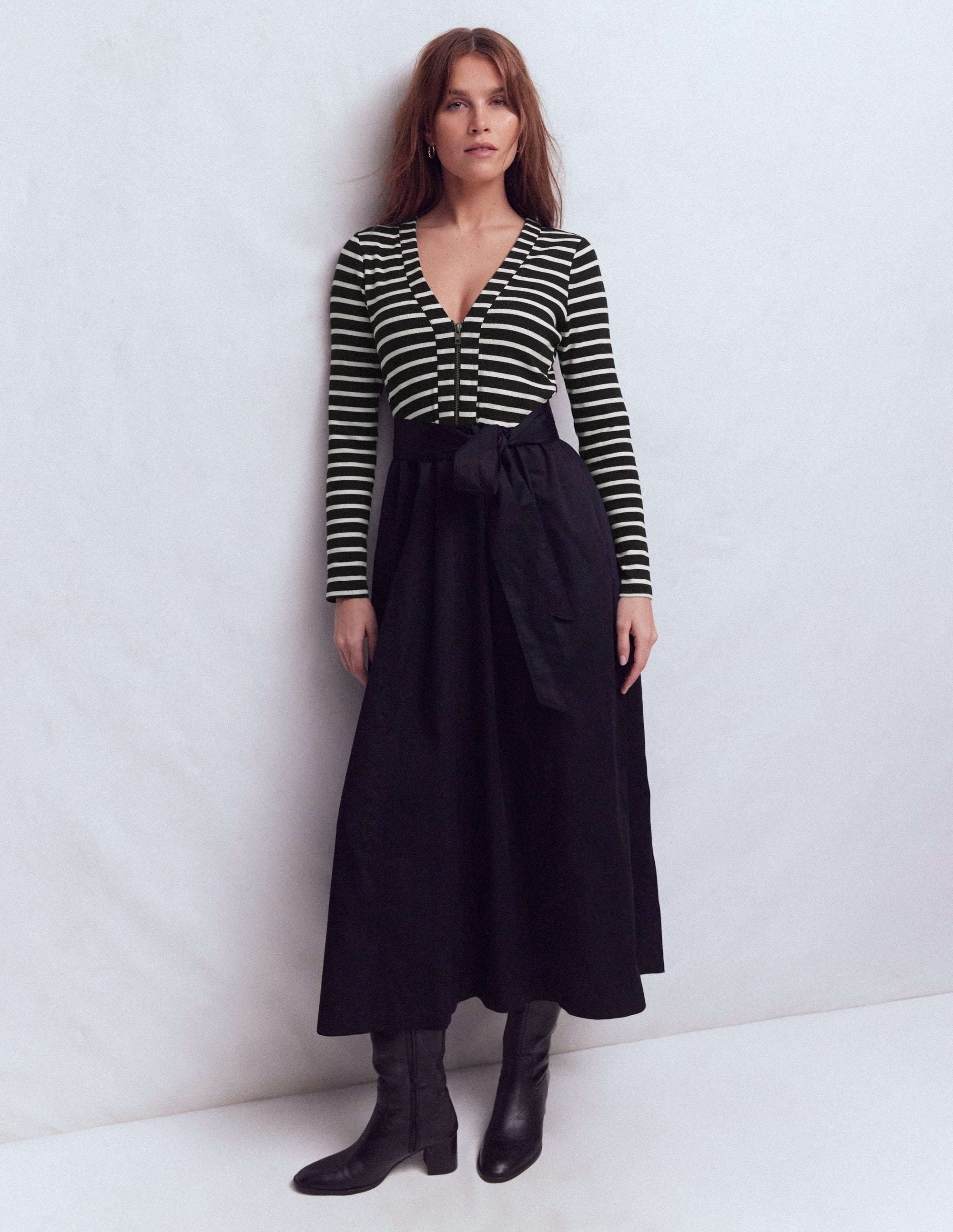 Langärmliges Kleid aus verschiedenen Materialien-Schwarz Gestreift - Image 4