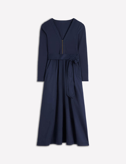 Long Sleeve Mix Media Dress-Navy-5