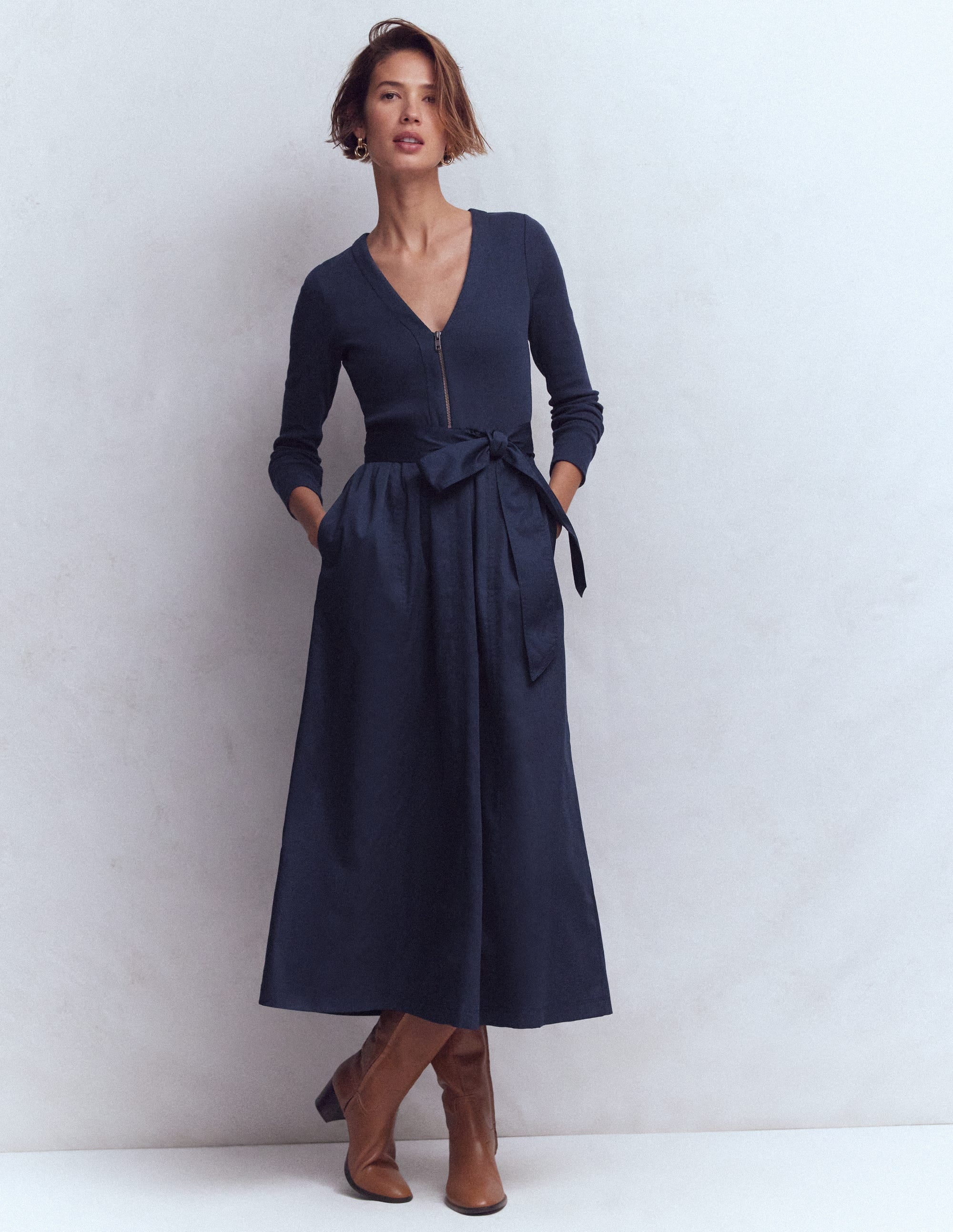Robe en mélange de techniques à manches longues-Bleu marine - Image 1