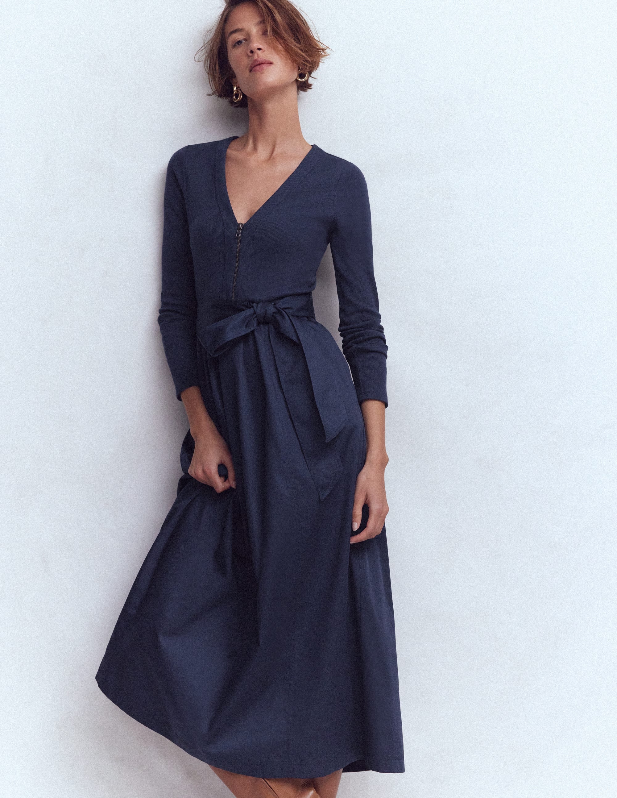 Robe en mélange de techniques à manches longues-Bleu marine - Image 2