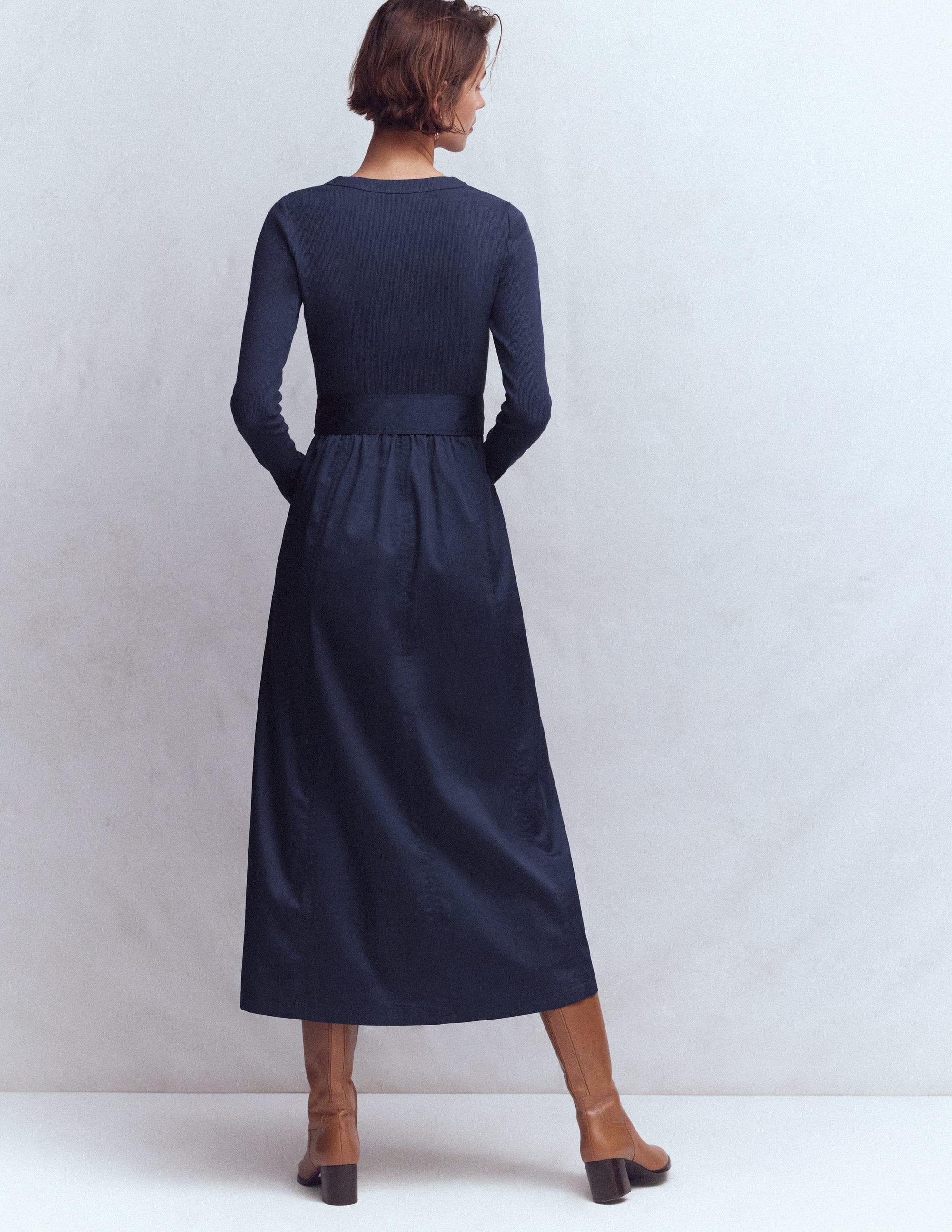 Robe en mélange de techniques à manches longues-Bleu marine - Image 3