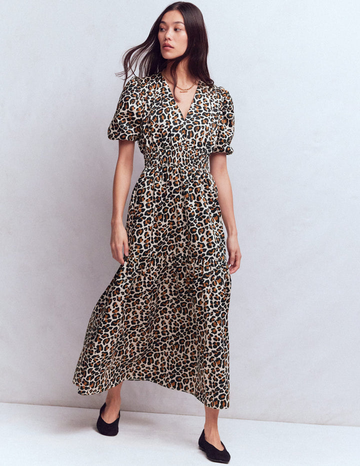 Robe Irene à manches bouffantes-Lait d’amande, motif Cheetah Pop