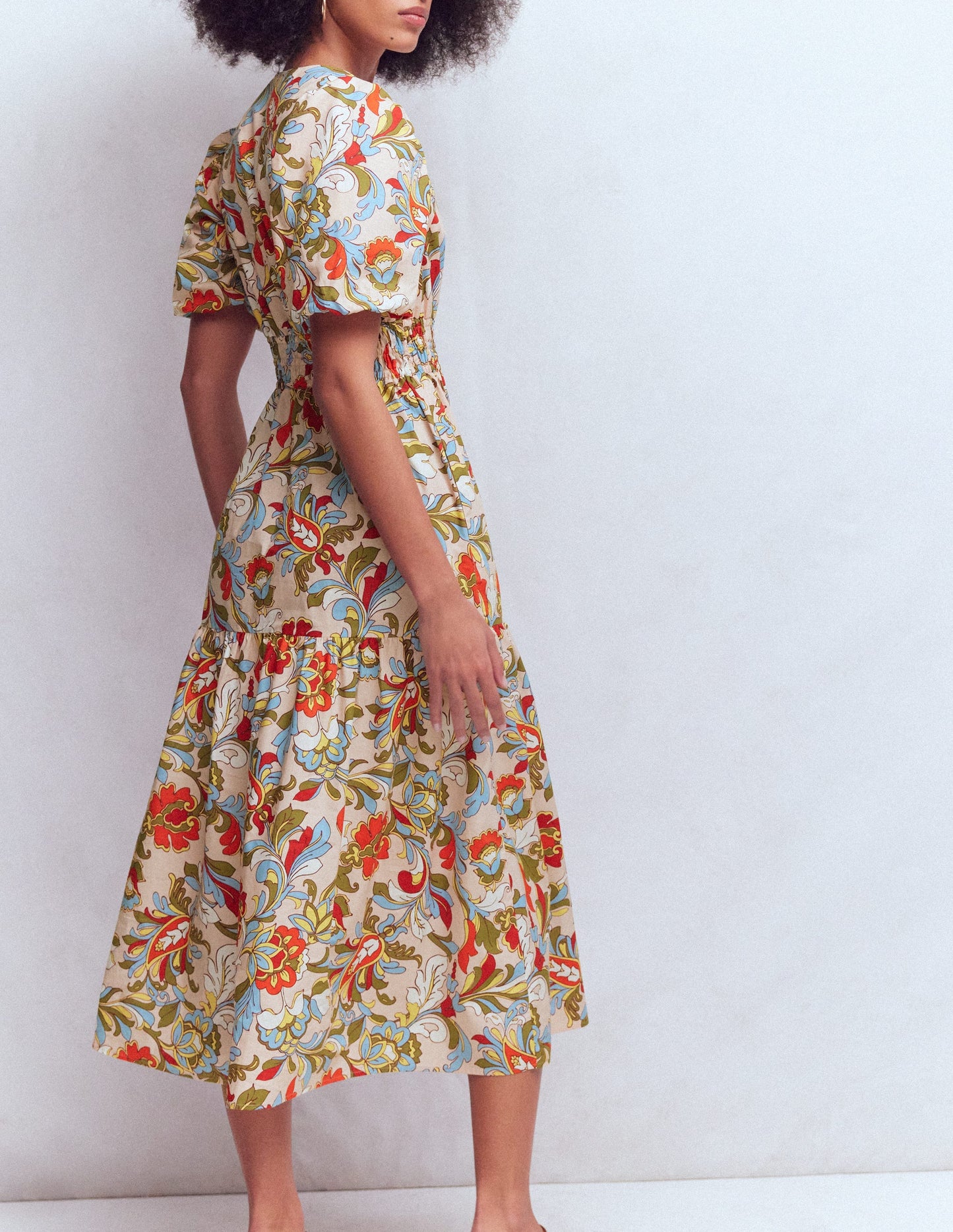 Irene Kleid mit Puffärmeln-Bunt, Botanisches Muster