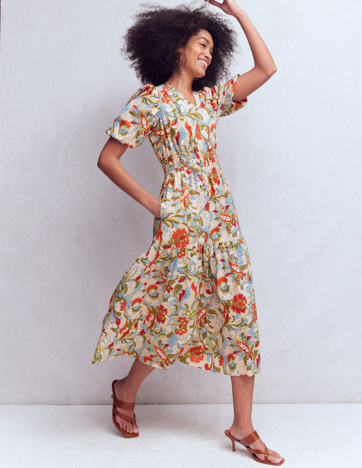 Irene Baumwollkleid mit Puffärmeln-Bunt, Botanisches Muster