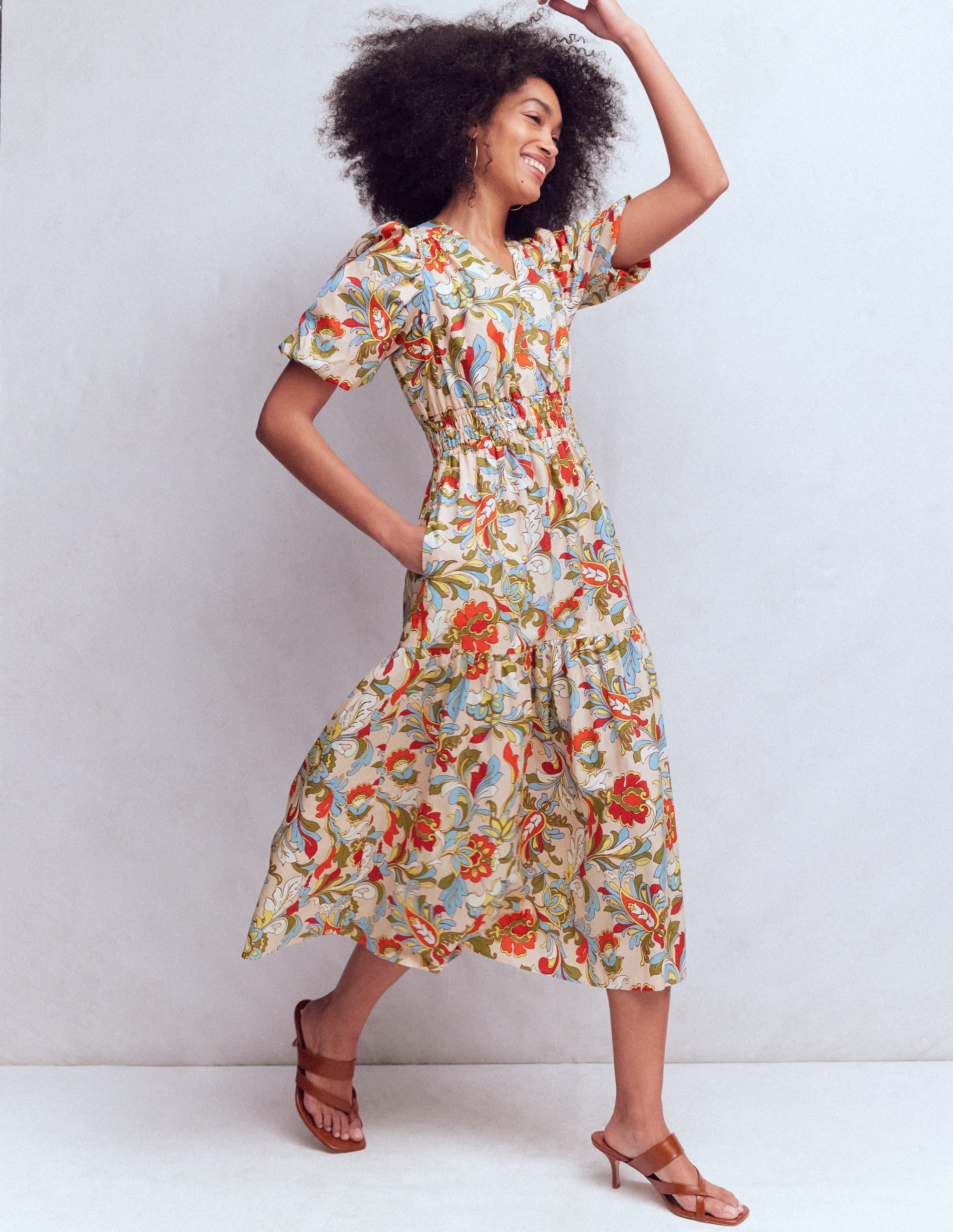 Robe Irene en coton à manches bouffantes-Multi, motif Botanical Flourish - Image 1