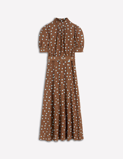 Hochgeschlossenes Kleid mit Gürtel-Blumenerde Fleck-6