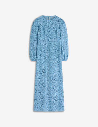 Robe midi à col rond en dentelle-Bleu-5