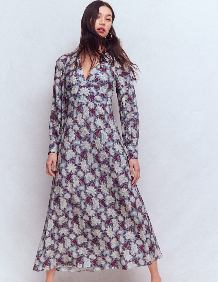 Kleid mit V-Ausschnitt und Blousonärmeln-Bunt Blühende Flora
